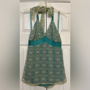 To The Max Teal/Cream Halter Top Blouse